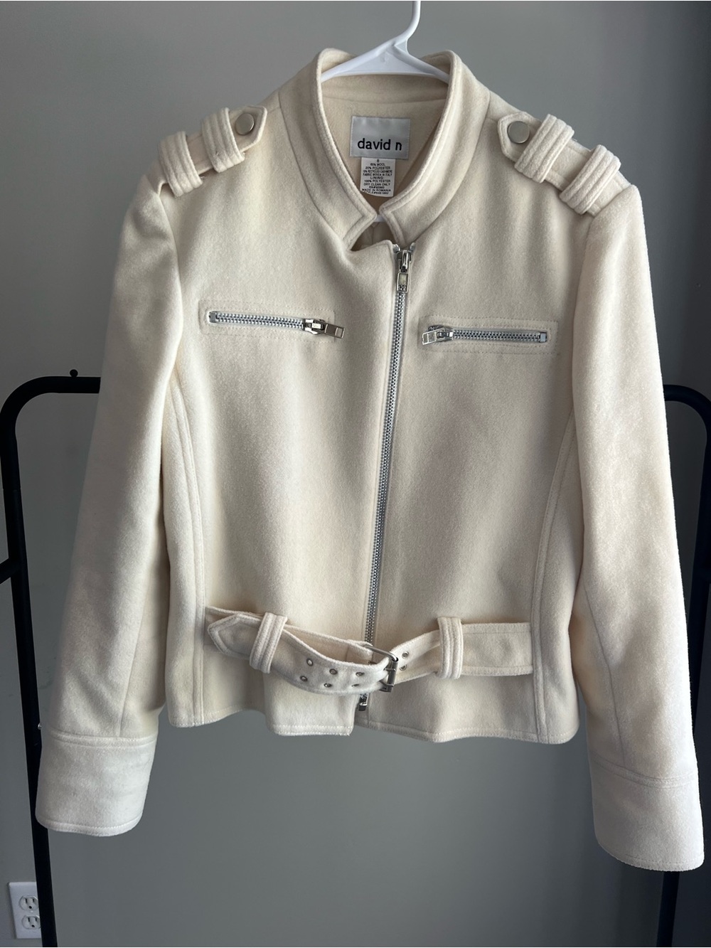 David N Women's Cream Belted Motorcycle-Style Jacket